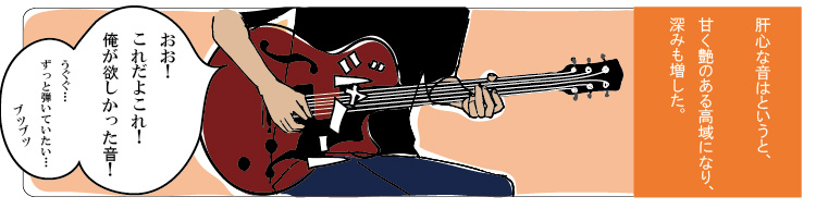 アンプの真空管を差し換えた後、ギター演奏を試す。「高音が出なくなった」ことを実感。驚くと同時に、「欲しかった音になった」と大喜び。